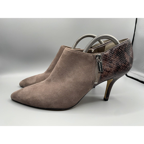 MICHAEL KORS CLARA Dark Dune Suede Snake Print Heel Ankle Booties Women's Sz 9.5 - Picture 1 of 13
